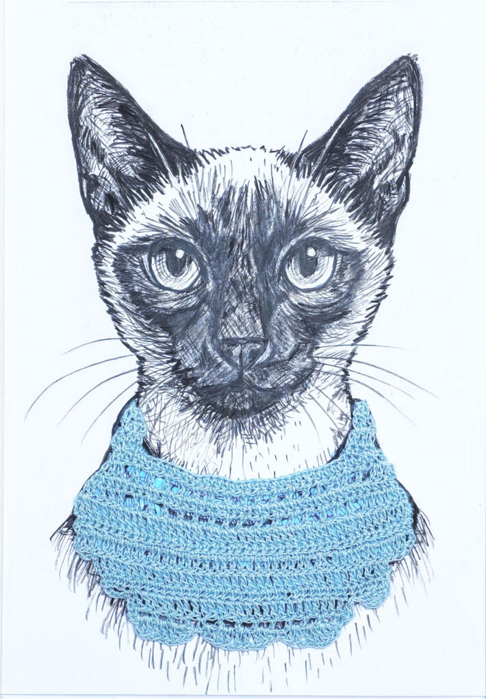 Gato siamés con complemento crochet en cuello color celeste.