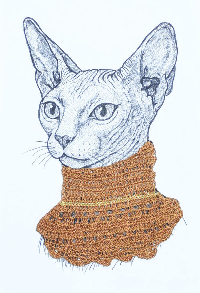 Gato siamés con complemento crochet cuello color naranja.